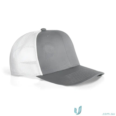 Gray and white recycled polyester mesh trucker cap with curved peak and high profile snapback