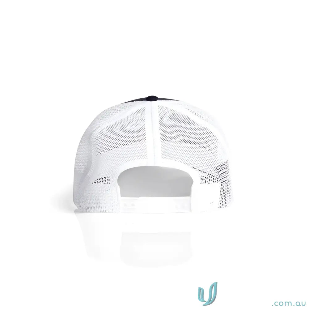 Navy blue and white recycled polyester mesh trucker cap with curved peak and snapback