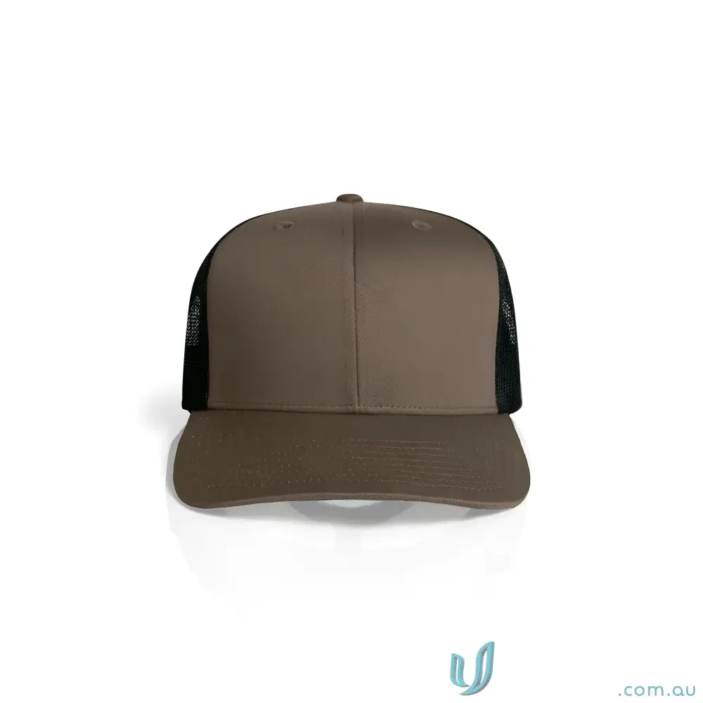 Brown and black recycled polyester mesh trucker hat with curved peak and flat brim