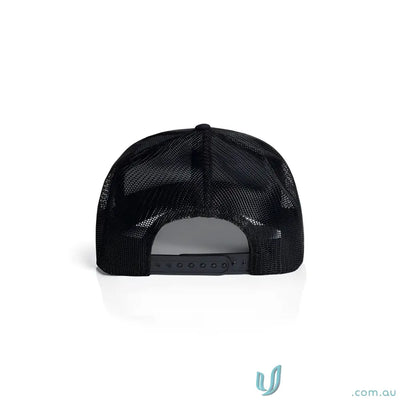 Black recycled polyester mesh trucker hat with curved peak and snapback closure