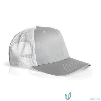 Light gray and white recycled polyester mesh trucker cap with curved peak and structured brim