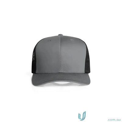 Two-tone grey and black recycled polyester mesh trucker cap with curved peak