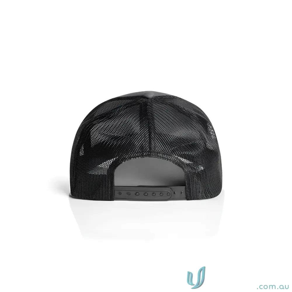 Black recycled polyester mesh trucker hat with adjustable snapback and curved peak