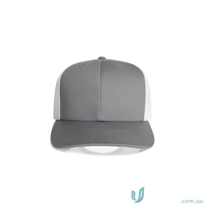 Gray and white blank trucker hat made of recycled polyester mesh with curved peak