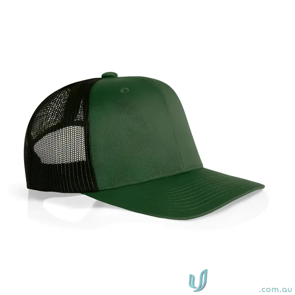Dark green and black recycled polyester mesh trucker hat with curved peak