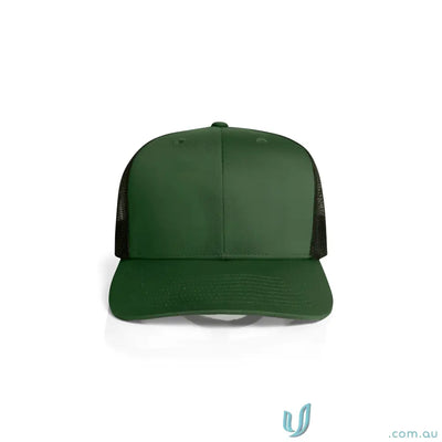 Dark green recycled polyester mesh trucker cap with curved peak and black mesh back