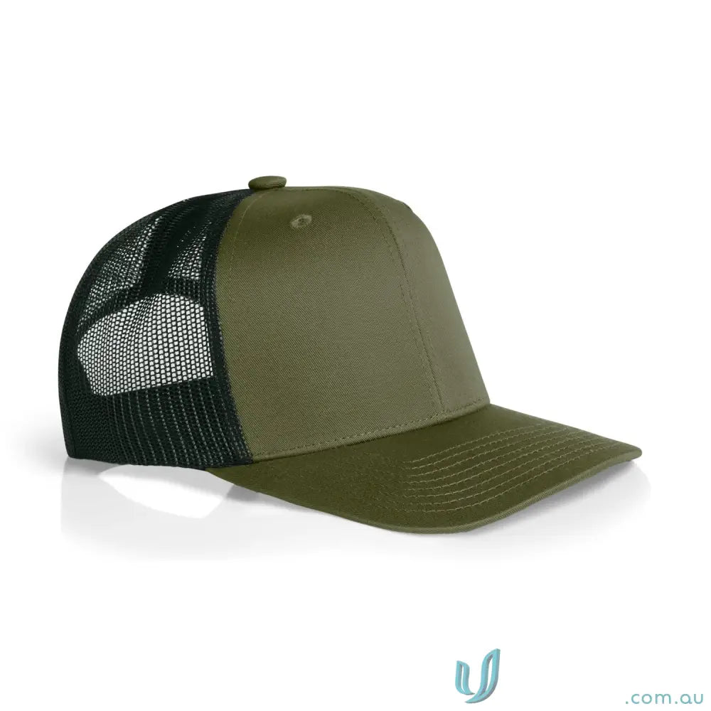 Olive green and black contrast trucker cap with recycled polyester mesh and shallow curved peak