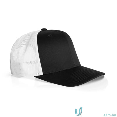 Black and white recycled polyester mesh contrast trucker cap with shallow curved peak