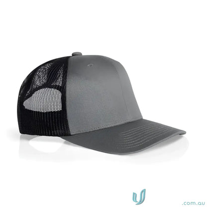 Gray and black trucker hat with recycled polyester mesh and shallow curved peak
