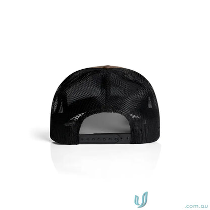 Brown and black recycled polyester mesh trucker cap with shallow curved peak and snapback closure