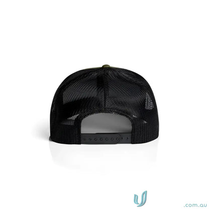 Black mesh-back trucker cap with snapback, shallow curved peak, made from recycled polyester mesh