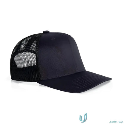 Navy blue and black recycled polyester mesh trucker cap with shallow curved peak