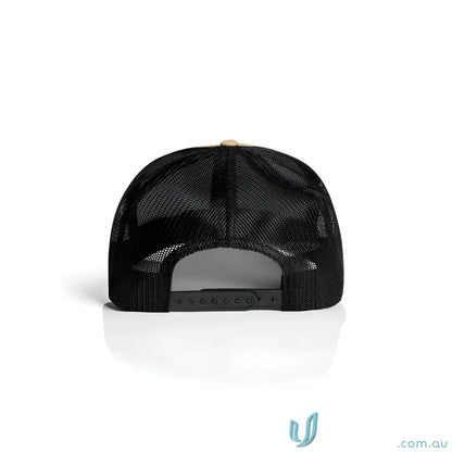 Black trucker hat with tan front, recycled polyester mesh, shallow curved peak