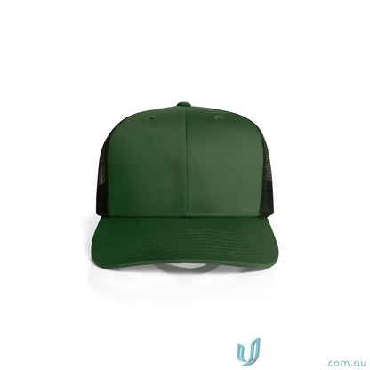 Dark green trucker hat with black recycled polyester mesh and shallow curved peak