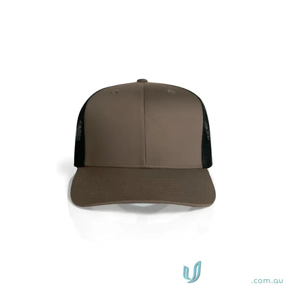 Brown and black recycled polyester mesh trucker cap with shallow curved peak