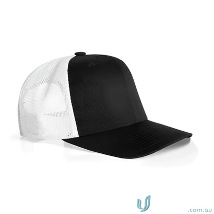 Tan and black mesh trucker hat with recycled polyester mesh and shallow curved peak