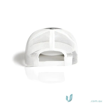 Rear view of a white recycled polyester mesh trucker cap with dark grey front and snapback