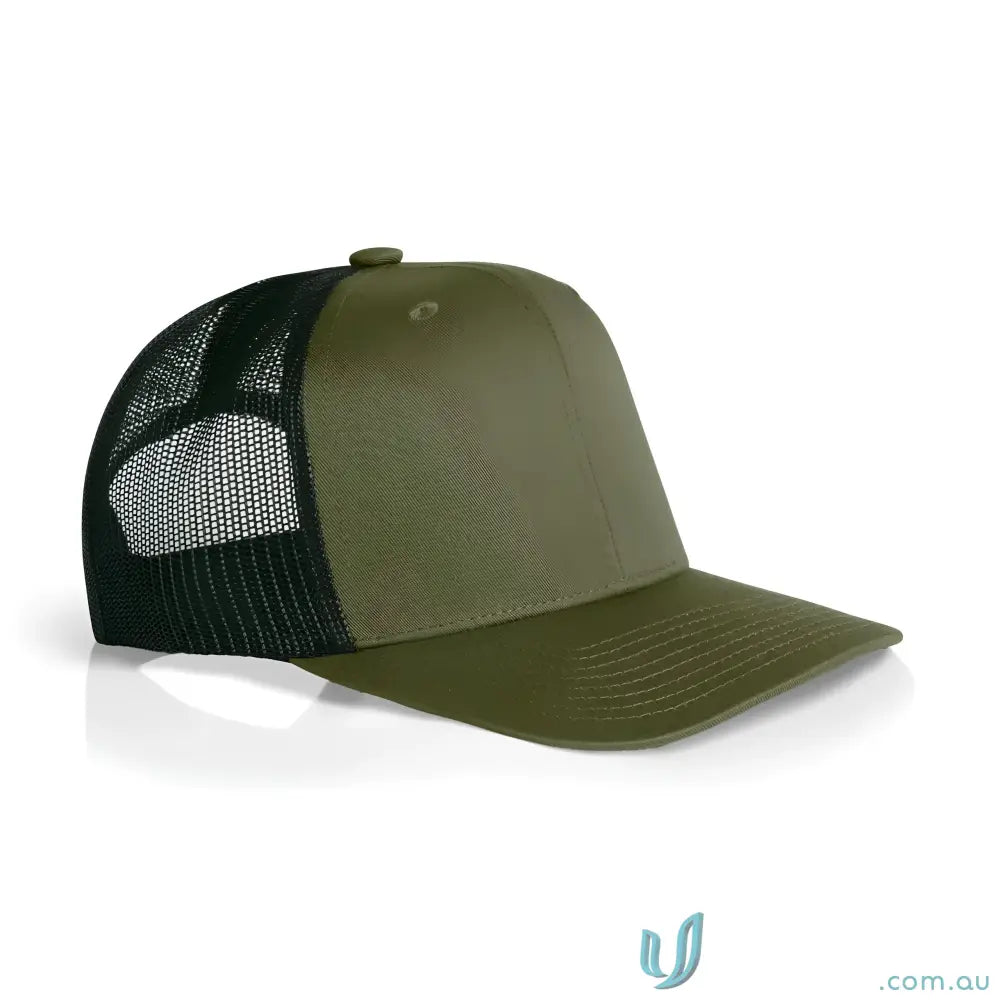 Olive green and black mesh trucker hat with recycled polyester mesh and shallow curved peak