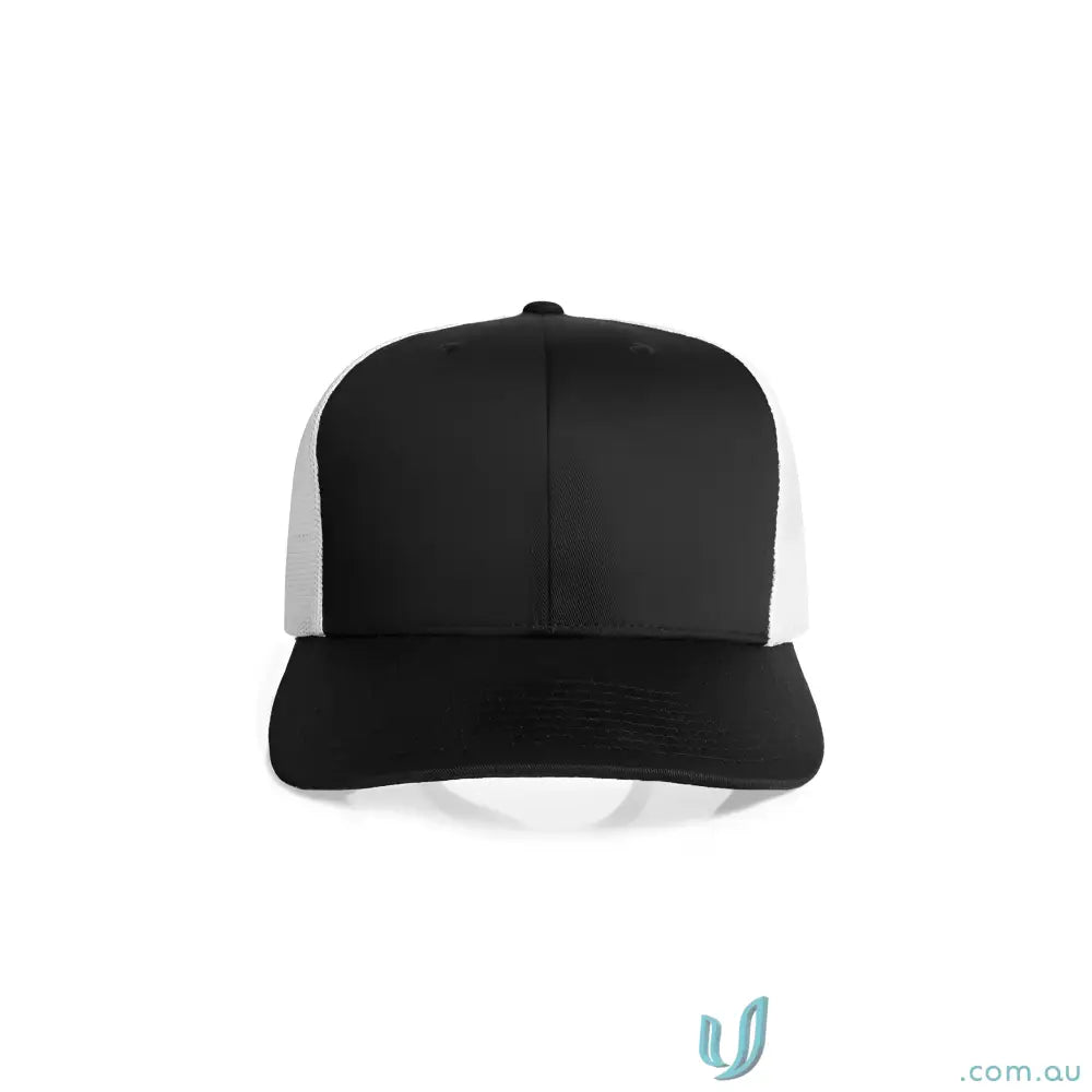 Black and white recycled polyester mesh trucker cap with shallow curved peak and adjustable fit