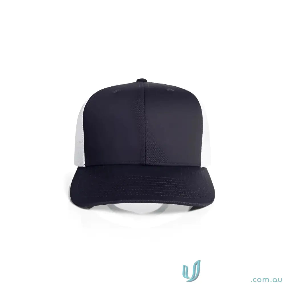 Two-tone trucker cap with recycled polyester mesh, shallow curved peak, adjustable fit