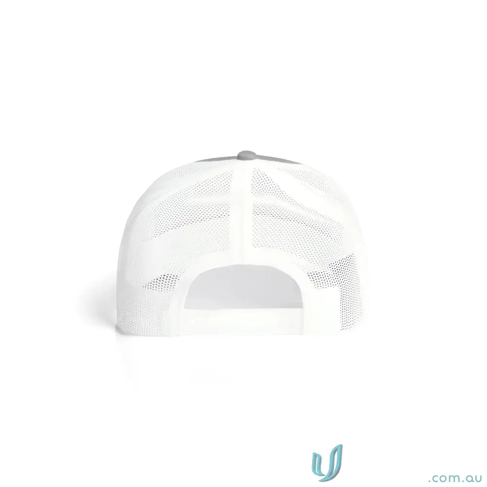 Gray and white recycled polyester mesh trucker hat with shallow curved peak and adjustable snap closure