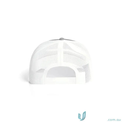 Gray and white recycled polyester mesh trucker hat with shallow curved peak and adjustable snap closure