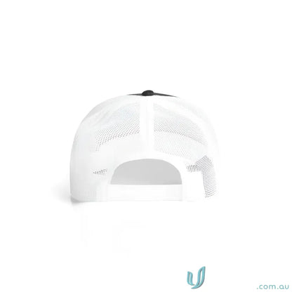Black and white recycled polyester mesh trucker hat with shallow curved peak and adjustable fit