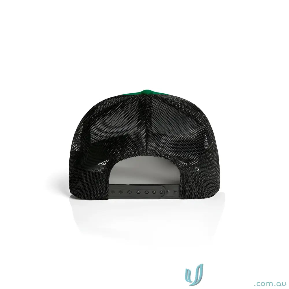 Green and black recycled polyester mesh trucker hat with shallow curved peak and adjustable snapback
