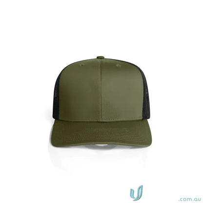 Olive green baseball cap with black recycled polyester mesh and shallow curved peak