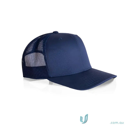 Navy blue recycled polyester trucker cap with shallow curved brim and mesh back