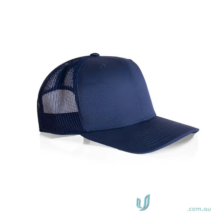 Navy blue recycled polyester trucker cap with shallow curved brim and mesh back