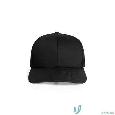 Black recycled polyester trucker cap with a shallow curved brim and mesh back