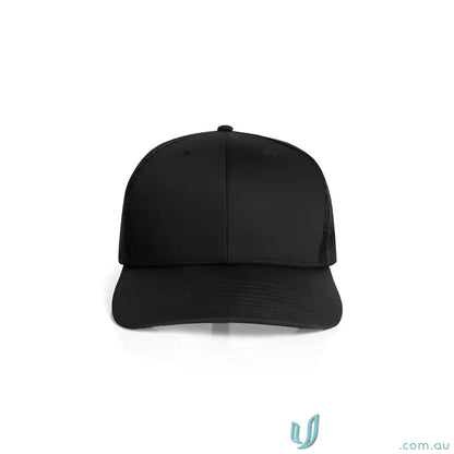 Black recycled polyester trucker cap with a shallow curved brim and mesh back