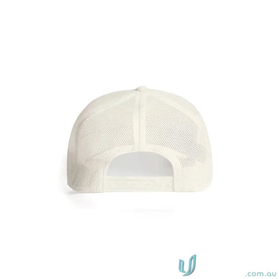 Light-colored recycled polyester trucker cap with mesh back and shallow curved brim