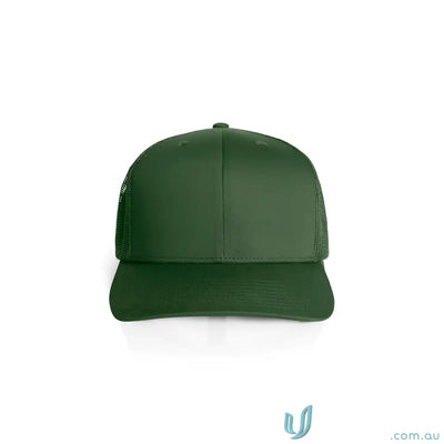 Dark green recycled polyester trucker cap with a shallow curved brim and mesh back