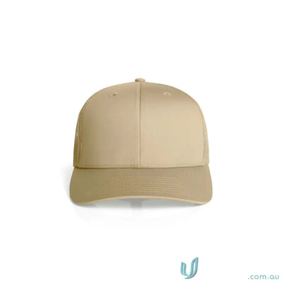 Plain tan recycled polyester trucker cap with mesh sides and shallow curved brim