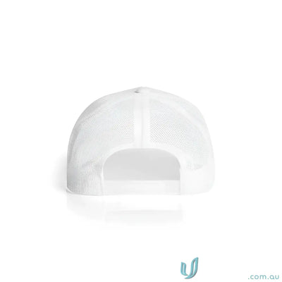 White trucker cap with mesh back made from recycled polyester and shallow curved brim