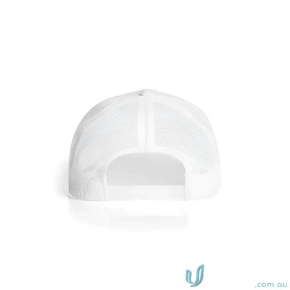White trucker cap with mesh back made from recycled polyester and shallow curved brim