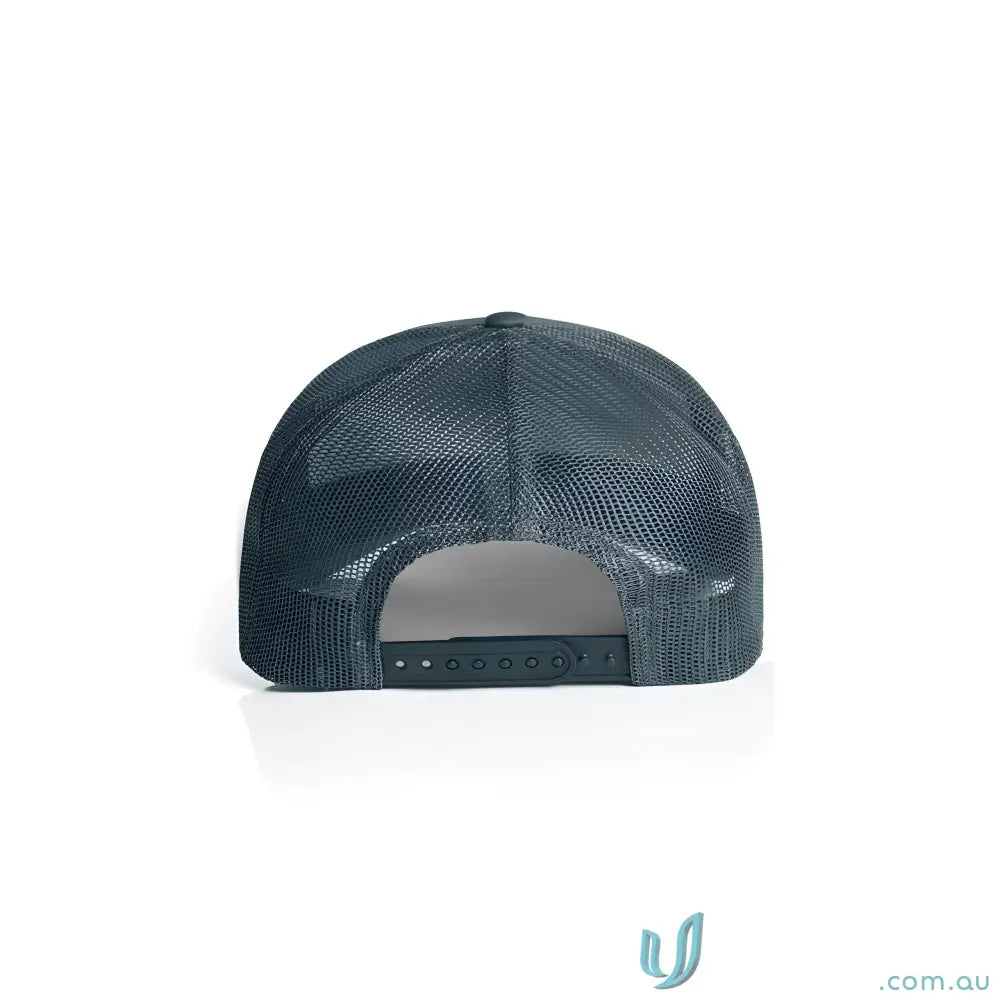 Dark grey recycled polyester mesh trucker cap with shallow curved brim and adjustable snap
