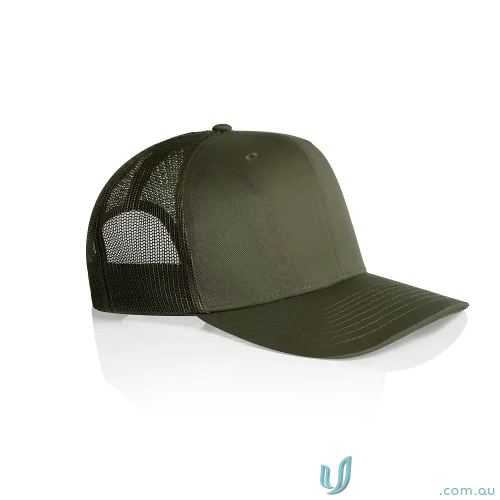 Olive and dark green recycled polyester trucker cap with shallow curved brim and mesh back