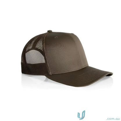 Dark brown recycled polyester trucker cap with mesh back and shallow curved brim