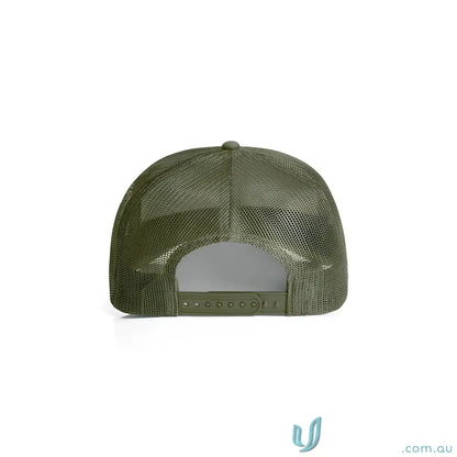 Olive green recycled polyester trucker cap with shallow curved brim and adjustable snap closure