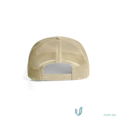 Beige recycled polyester mesh trucker cap with shallow curved brim and snapback closure