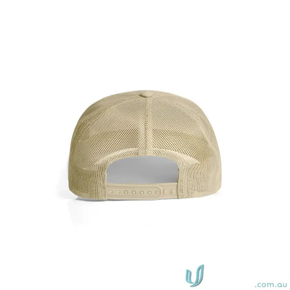 Beige recycled polyester mesh trucker cap with shallow curved brim and snapback closure