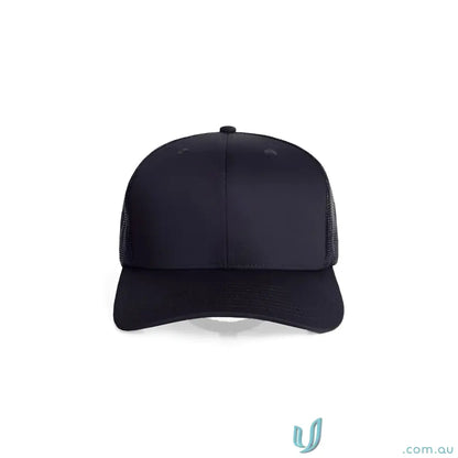 Black recycled polyester trucker cap with a shallow curved brim and mesh back