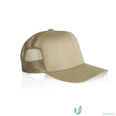 Beige recycled polyester mesh-back trucker cap with shallow curved brim and adjustable fit