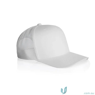 Plain white recycled polyester trucker cap with shallow curved brim and mesh back