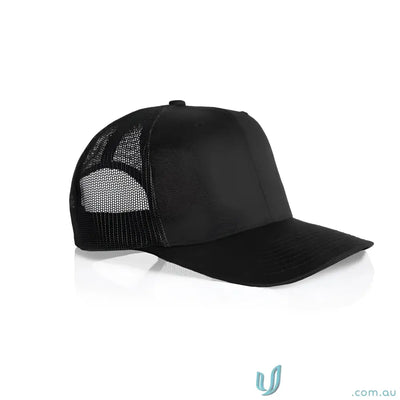 Black recycled polyester trucker cap with mesh back and shallow curved brim