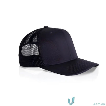 Dark blue recycled polyester trucker cap with mesh back and shallow curved brim