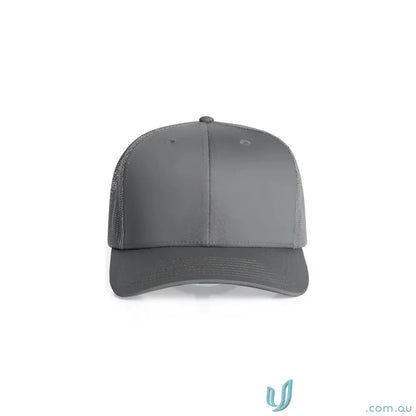 Dark gray recycled polyester trucker cap with shallow curved brim and mesh back